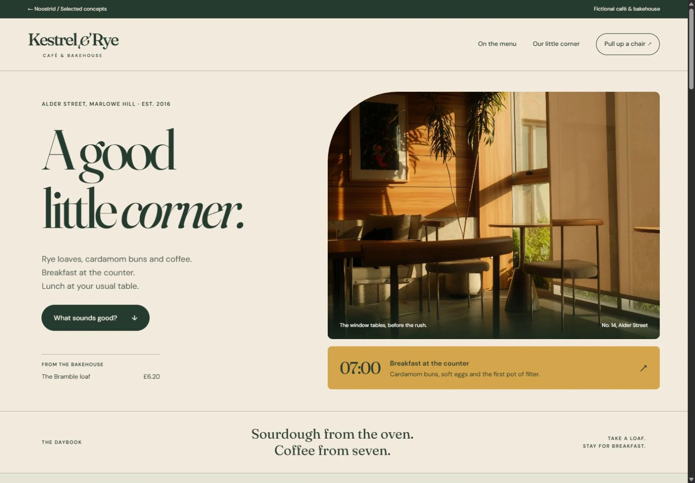 Actual desktop preview of the cafe concept website