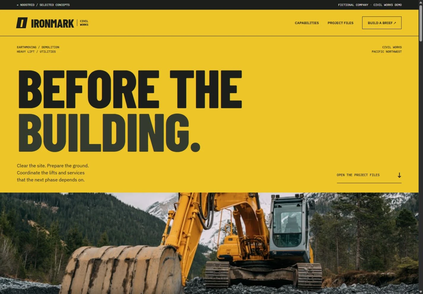 Actual desktop preview of the construction concept website